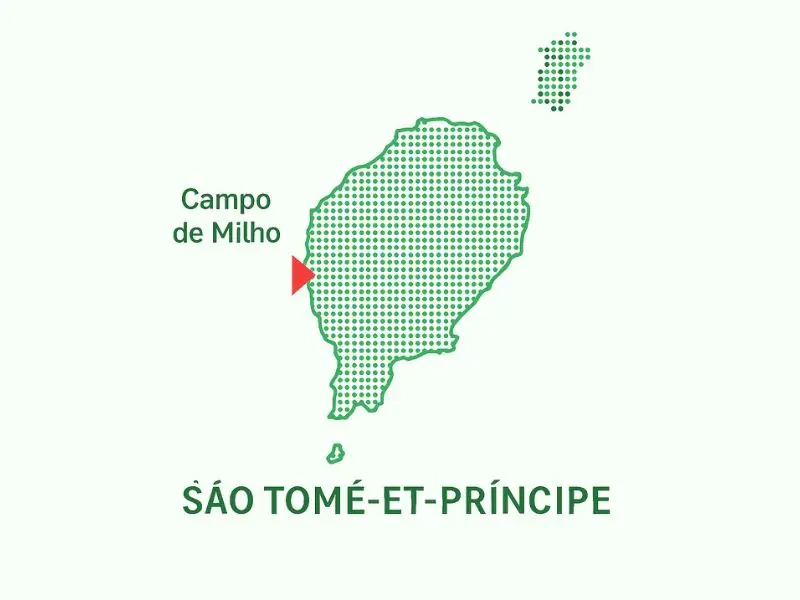 Carte verte en style pointillé de São Tomé-et-Principe avec un triangle rouge orienté vers la droite, placé sur Campo de Milho.