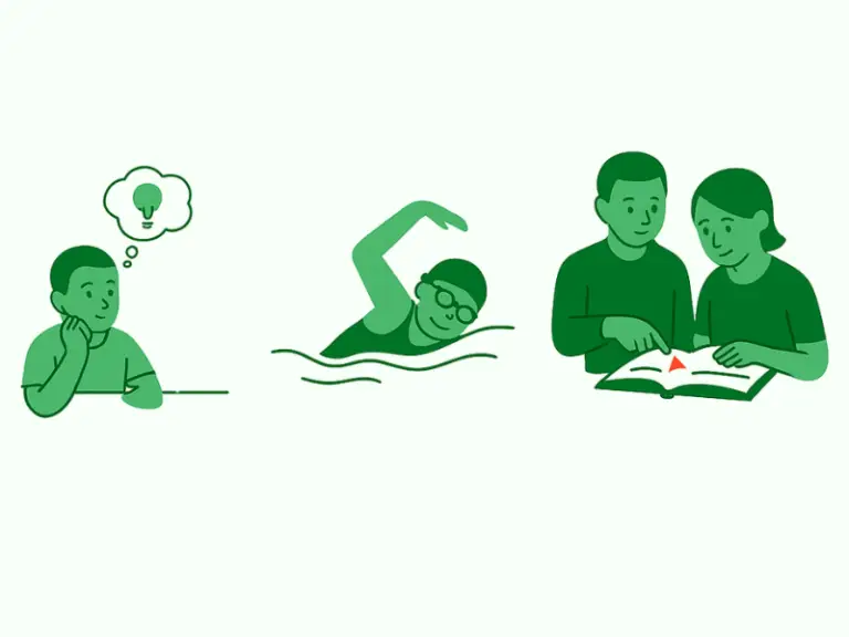 Illustration verte d’enfants en activité : lecture, natation, sport et apprentissage, devant une carte d’Afrique en points verts.