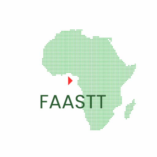 Logo de la fondation FAASTT représentant la carte d’Afrique avec un triangle rouge localisant São Tomé-et-Principe et le nom FAASTT en lettres vertes.