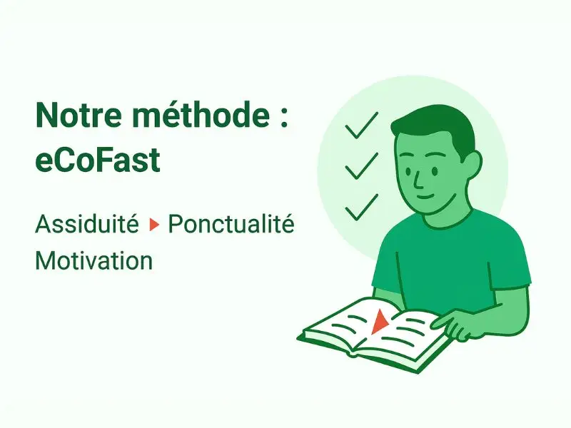 Illustration en style vert plat montrant un binôme éducatif intergénérationnel autour des mots Assiduité, Ponctualité, Motivation.