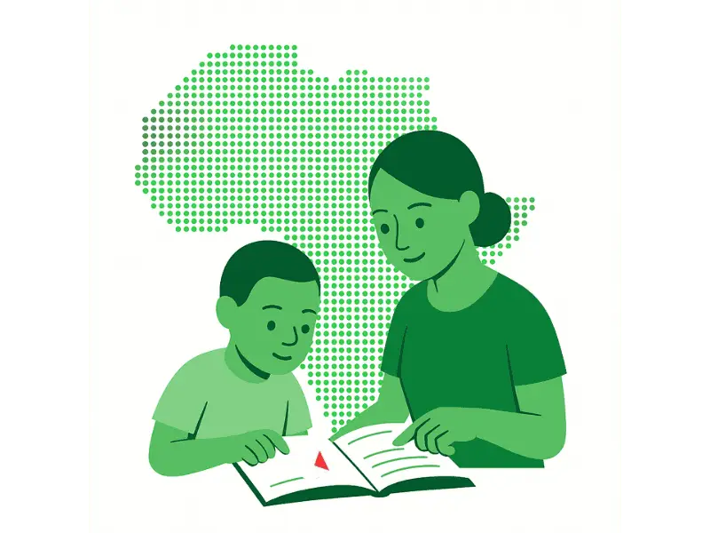 Illustration d’une femme et d’un enfant africains apprenant ensemble, avec une carte d’Afrique en arrière-plan et un triangle rouge sur un livre.