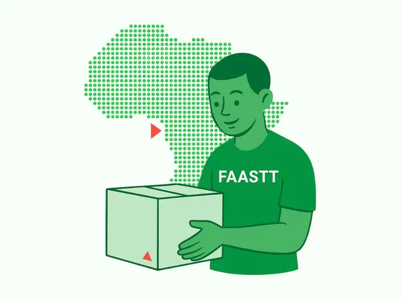 Illustration verte d’une bénévole aux côtés d’un jeune à São Tomé-et-Principe, avec des éléments symbolisant l’éducation et la solidarité.