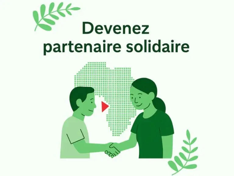 Illustration verte d’un homme et d’une femme se serrant la main devant une carte de l’Afrique en points verts, avec triangle rouge à São Tomé.